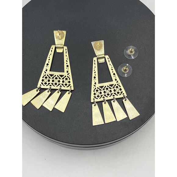 Kendra Scott Kase Gold Plated Geometric Filigree Pattern Fringe Dangle Earrings - Picture 12 of 14